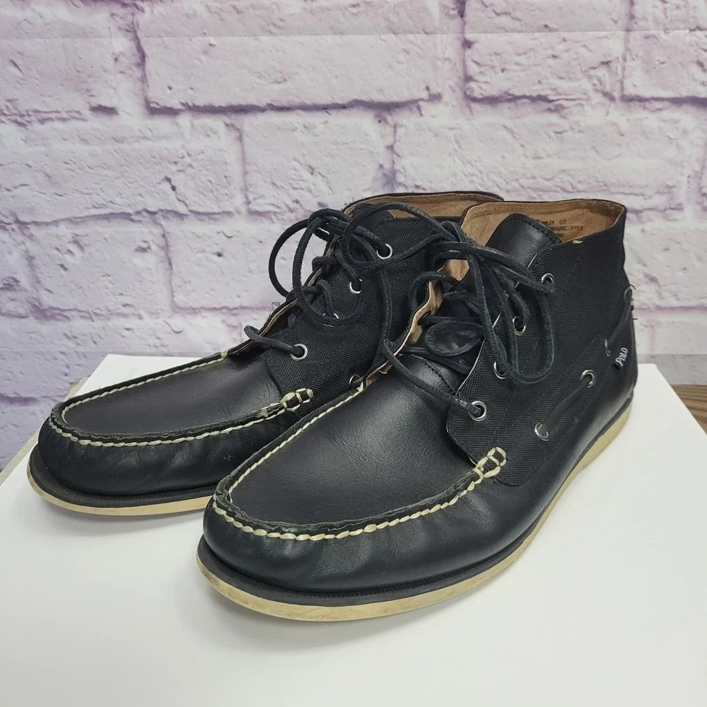 Polo Ralph Lauren Brawley Leather Canvas Chukka Ankle Boots 12D Black Lace Shoes